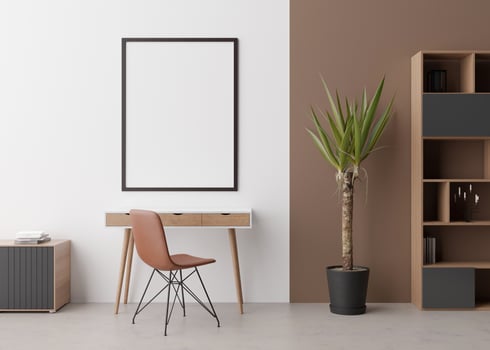 Empty vertical picture frame on white wall in modern room. Mock up interior in minimalist, contemporary style. Free, copy space for your picture, poster. Desk, chair, sideboard, plant. 3D rendering. photo