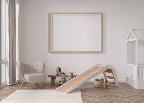 Empty horizontal picture frame on white wall in modern child room. Mock up interior in scandinavian style. Free, copy space for picture. Bed, armchair, toys. Cozy room for kids. 3D rendering. photo