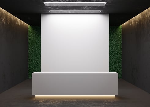 White reception counter in modern room with dark walls. Blank registration desk in hotel, spa or office. Reception mock up with copy space for branding, logo. Contemporary style. 3D rendering. photo
