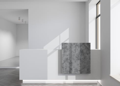 White reception counter in modern room with white walls. Blank registration desk in hotel, spa or office. Reception mock up with copy space for branding, logo. Contemporary style. 3D rendering. photo