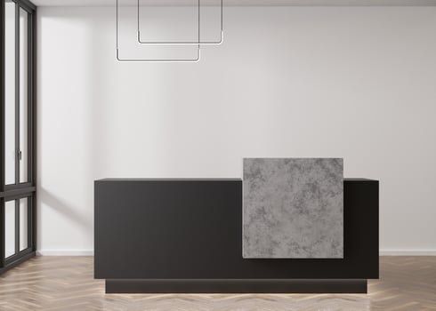 Black reception counter in modern room with white walls. Blank registration desk in hotel, spa or office. Reception mock up with copy space for branding, logo. Contemporary style. 3D rendering. photo