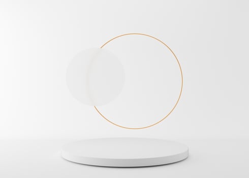 Round white podium with golden ring on white background. Podium for product, cosmetic presentation. Mock up. Pedestal or platform for beauty products. Empty scene. 3D rendering. photo