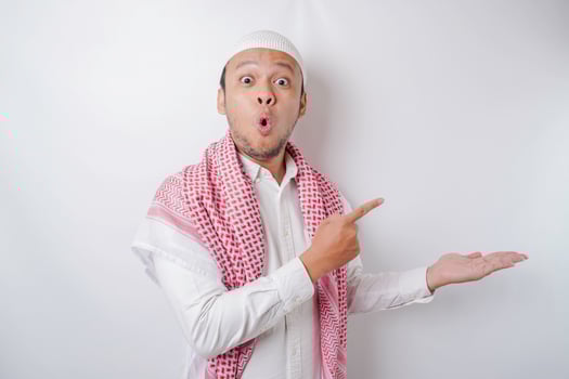 Shocked Asian Muslim man pointing at the copy space beside him, isolated by white background photo