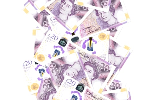 20 British pounds bills flying down isolated on white. Many banknotes falling with white copyspace on left and right side photo