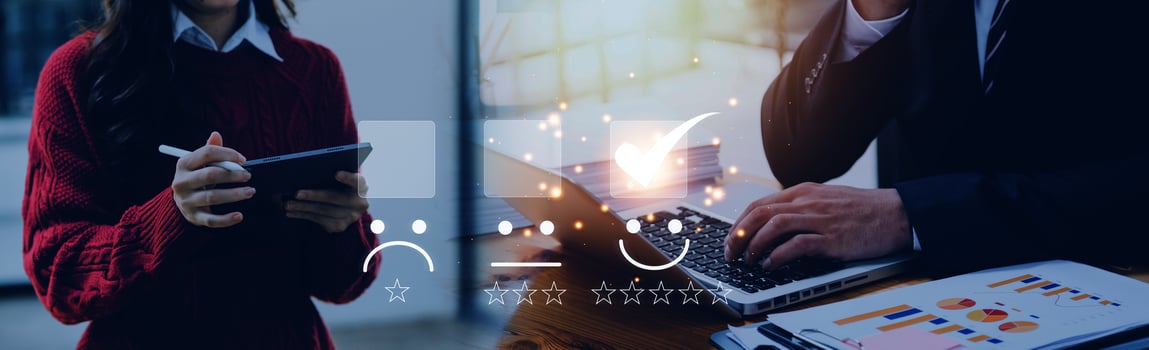 Customer service and Satisfaction concept ,Business people are touching the virtual screen on the happy Smiley face icon to give satisfaction in service. rating very impressed. photo