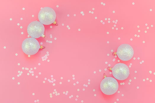 Christmas pink flat lay pattern with pearl balls photo