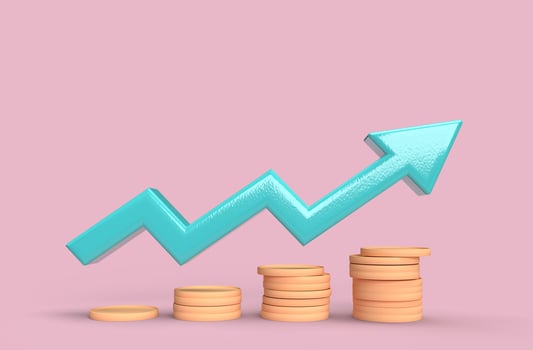 3D Realistic GROWTH STOCK CHART UP WITH COINS INVESTING ICON. Trading stock news impulses. photo