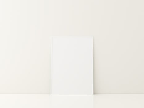 Frame with poster mockup standing on the white floor. minimalist frame mockup. 3d rendering photo