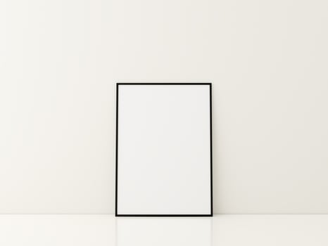 Frame with poster mockup standing on the white floor. minimalist frame mockup. 3d rendering photo