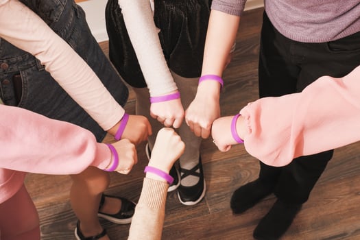 hands of girls with same bracelets, team building, cooperation, support and teamwork. Unity and togetherness concept. photo