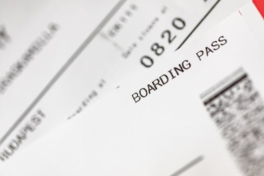 Airline boarding pass tickets, flight details and fly documents. Close up of airline boarding pass with copy space, empty space for your text photo