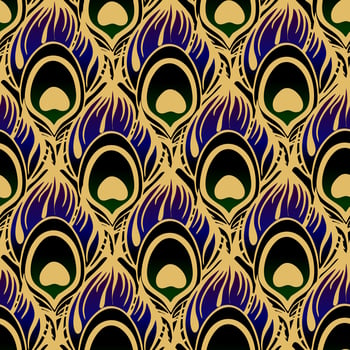 seamless pattern black purple peacock feather with thick golden outline, texture, design photo