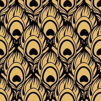 seamless pattern golden peacock feather with black outline, texture, design photo