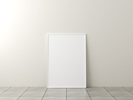 Photo frame mockup. Frame poster on marble floor with white wall. 3d rendering.