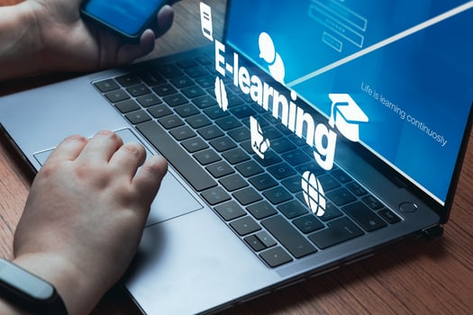 Woman logging in online education server with VR interface on keyboard. E learning, webinar, courses, seminar and conference. photo