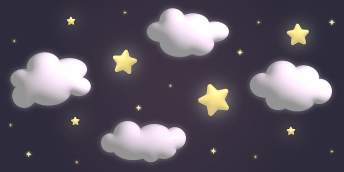 Starry space sky. Cartoon glowing 3d stars and white clouds in night sky. 3d rendering. Cute horizontal background for poster, banner, presentation. Good night and sleep tight concept. 3d rendering photo