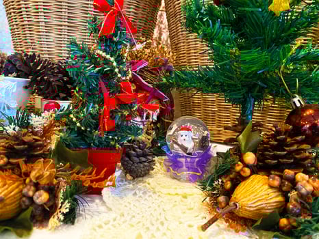Christmas and New Year background consisting of pine trees, snowmen, gift boxes, used for graphics, designs, with space for text. photo