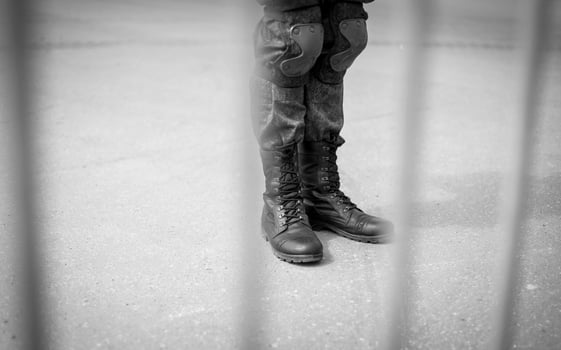 Armed soldier ready for battle. Military concept. photo