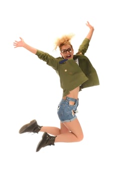 Amazing cute young pretty girl on the white background, hairstyle, fashionable Pin-up girl, cool, smiling photo