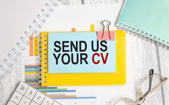 send us your cv words on blue sticker with glasses photo
