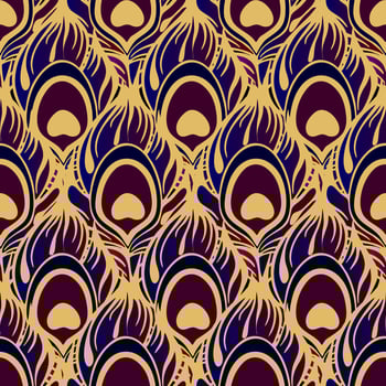 seamless pattern black purple peacock feather with thick golden outline, texture, design photo
