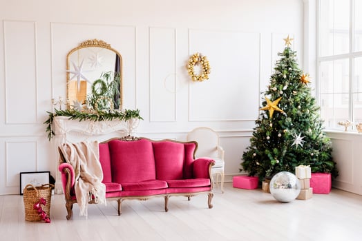 beautiful cozy living room decorated for Christmas toned with viva magenta color photo
