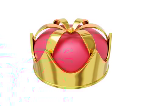 Royal crown gold metal with red cap, symbol of power, top view. 3d rendering. Icon on white background. photo