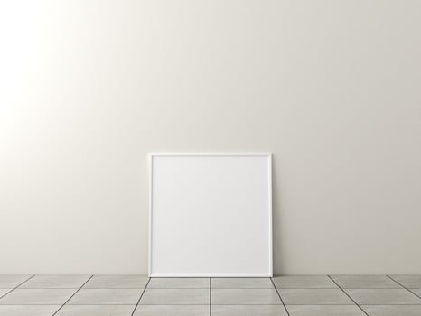Photo frame mockup. Frame poster on marble floor with white wall. 3d rendering.