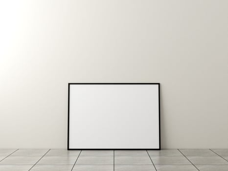 Photo frame mockup. Frame poster on marble floor with white wall. 3d rendering.