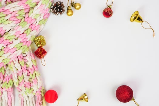 New Year or Christmas of decorations colorful and scarf on white background. Festival, season and greeting card concept. photo