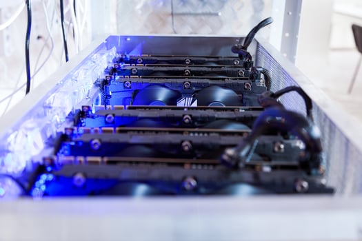 Close-up equipment for mining crypto-bitcoin, ether. Video cards, motherboards photo