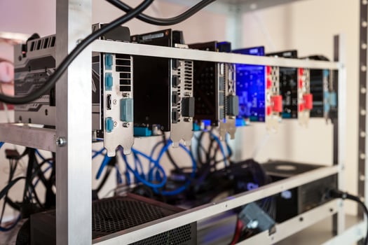 Close-up equipment for mining crypto-bitcoin, ether. Video cards, motherboards photo
