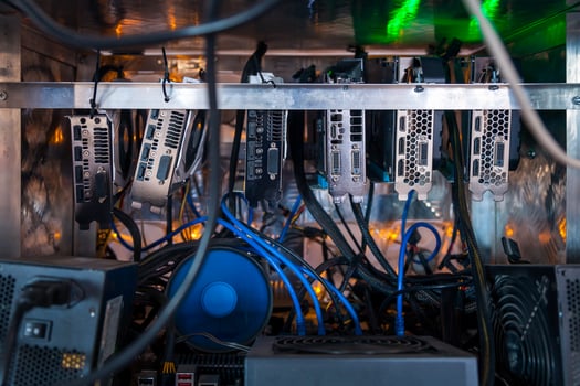 Close-up equipment for mining crypto-bitcoin, ether. Video cards, motherboards photo