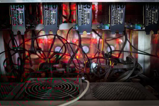 Close-up equipment for mining crypto-bitcoin, ether. Video cards, motherboards photo