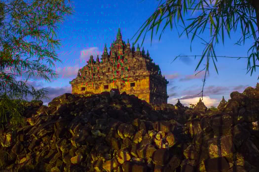 Candi Plaosan, a Buddhist temple located in Klaten Central Java, Indonesia, with a background of Mount Merapi photo