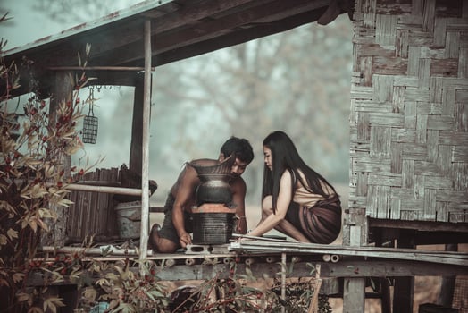 Way of life Isaan couples helping each other cook food in the northeast of Thailand. photo