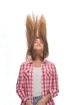 Profile photo of attractive model lady look demonstrate ideal neat long healthy hairstyle flying on air after lamination procedure