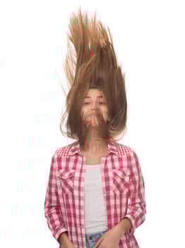 Profile photo of attractive model lady look demonstrate ideal neat long healthy hairstyle flying on air after lamination procedure