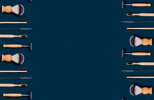 Zero waste accessories on dark blue background. photo