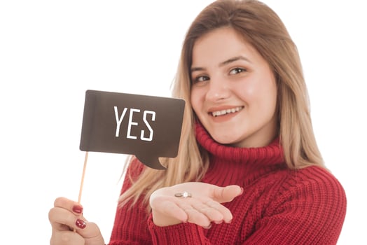 Woman holding engagement ring and sign saying YES photo