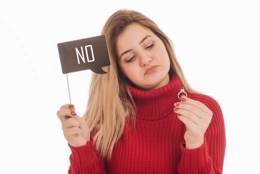 Woman holding engagement ring and sign saying YES photo