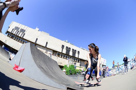 KHARKIV, UKRAINE - 27 MAY, 2018 Skateboarding contest in outdoors skate park during the annual festival of street cultures photo