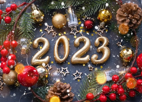 The golden figures 2023 made of candles on a black stone slate background are decorated with a festive decor of stars, sequins, fir branches, balls and garlands. Greeting card, happy New Year. photo