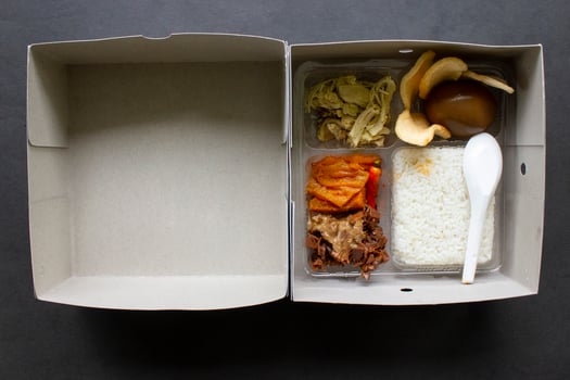 lunch boxes gudeg are similar to Bento boxes rice boxes, rice, catering boxes, food services rice warm, sweet eggs, krecek, tofu, tempeh, pieces of chicken photo