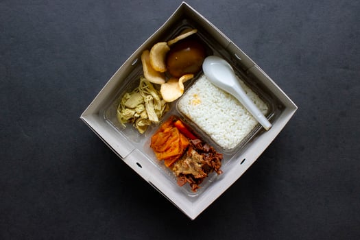 lunch boxes gudeg are similar to Bento boxes rice boxes, rice, catering boxes, food services rice warm, sweet eggs, krecek, tofu, tempeh, pieces of chicken photo