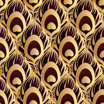 seamless pattern black purple peacock feather with thick golden outline, texture, design photo