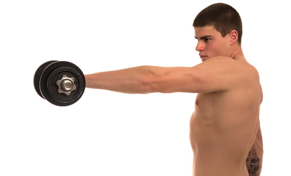 male holding  dumbbells isolated on white background photo