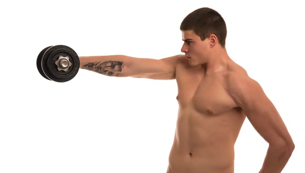 male holding  dumbbells isolated on white background photo