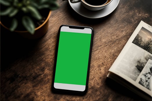 Green screen phone for app development and real world demonstration or examples also known as chroma key mobile device in the style of an iphone photo