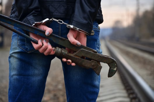 The girl in handcuffs with the pipe wrench on the railway track photo